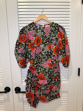 RHODE Floral Wrap Dress in Orange, Pink, Green, Black